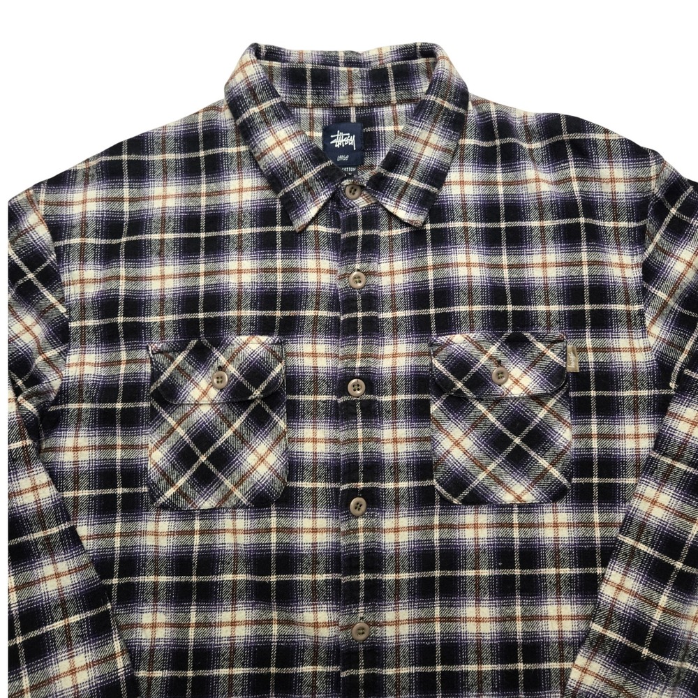 Stussy Vintage Mens Large Purple Black Plaid Flannel Button Down Long Sleeve 90s - Picture 3 of 13